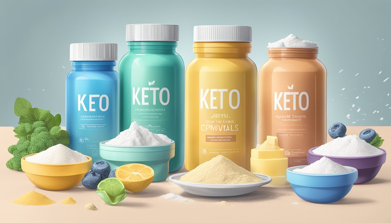 A kitchen counter with multiple scoops of keto vitals electrolyte powder spilling out of their containers