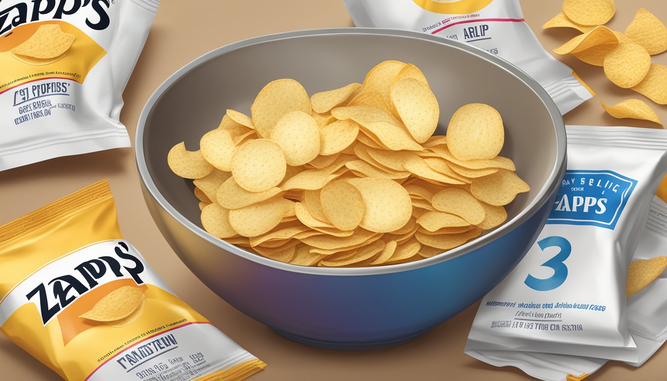 A bowl overflowing with Zapp's potato chips, surrounded by empty chip bags, a nutrition label, and a measuring cup