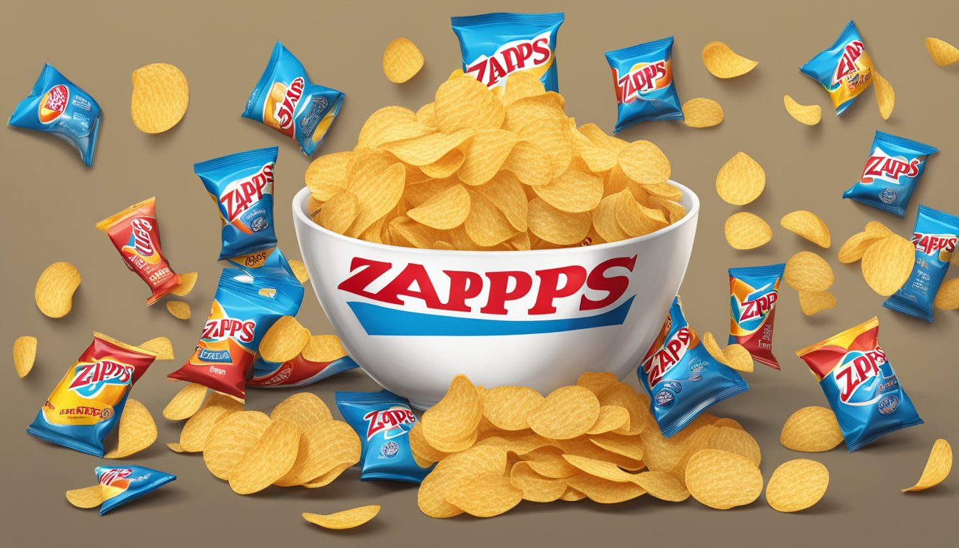 A bowl overflowing with zapps potato chips, surrounded by empty chip bags