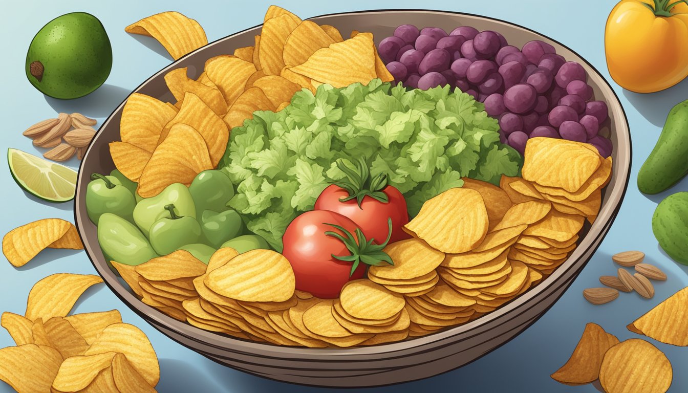 A bowl filled with an excessive amount of Zapp's potato chips, surrounded by various healthy foods like fruits and vegetables