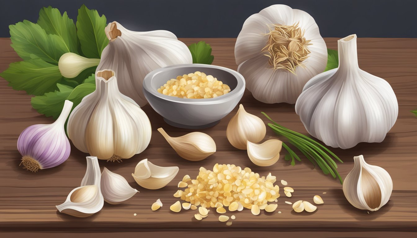 A variety of garlic bulbs, cloves, and minced garlic scattered on a wooden cutting board. A mortar and pestle with crushed garlic