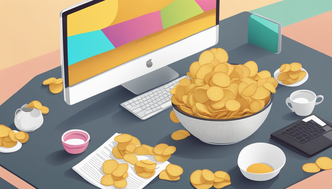 A table with an overflowing bowl of Zapp's potato chips next to a laptop displaying web content optimization tips