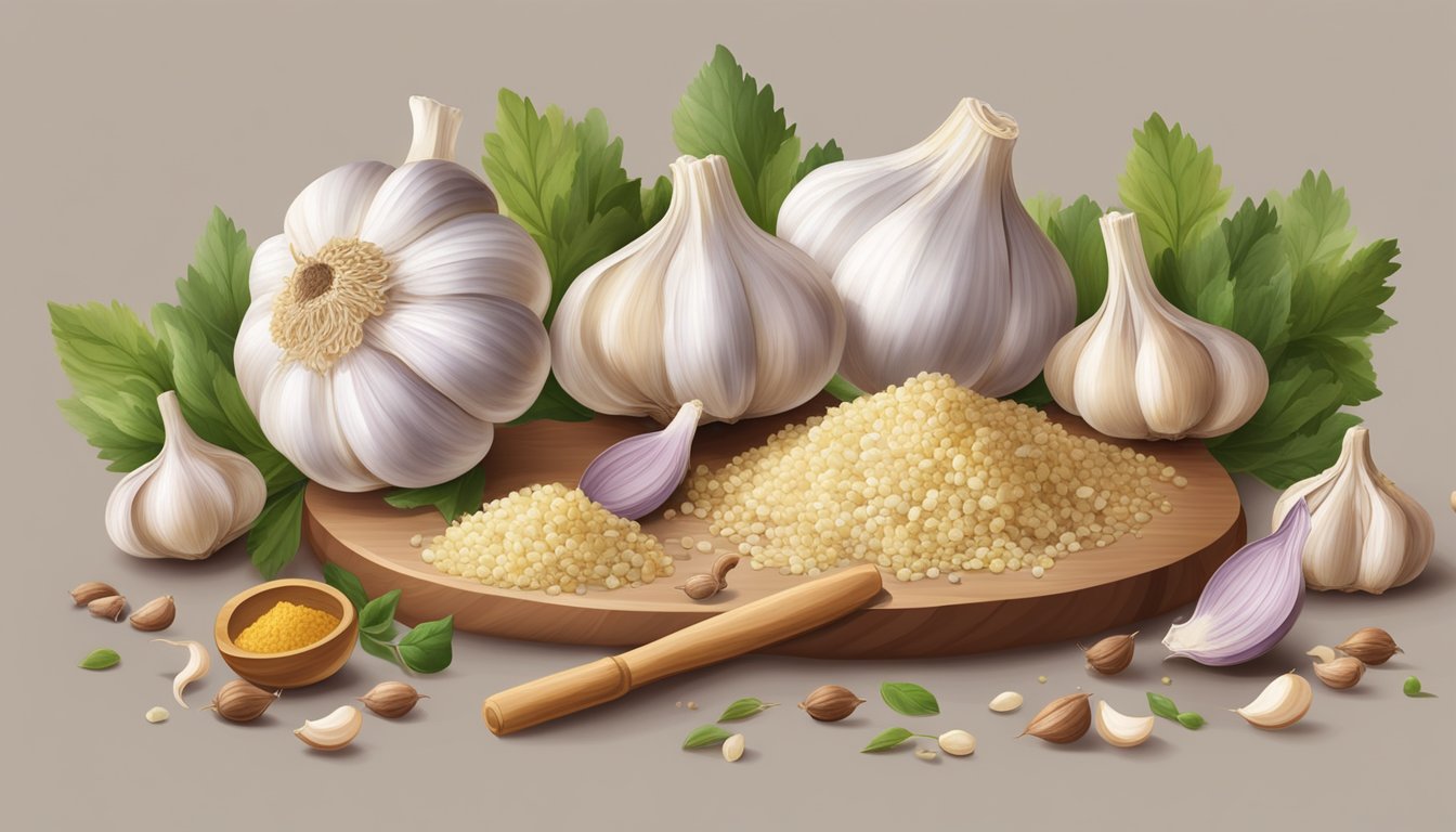 A table with various amounts of garlic cloves and a measuring spoon, surrounded by herbs and spices