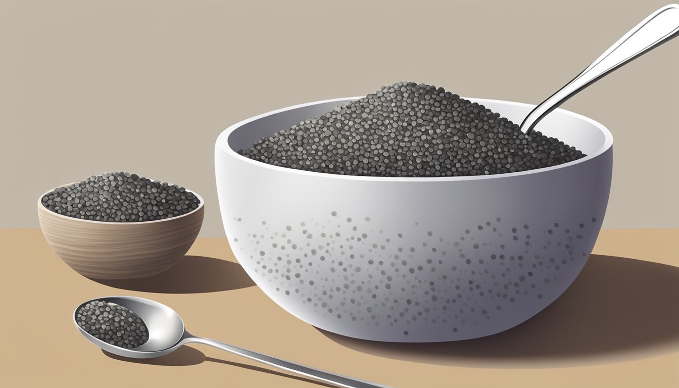 A small bowl of chia seeds with a measuring spoon next to it