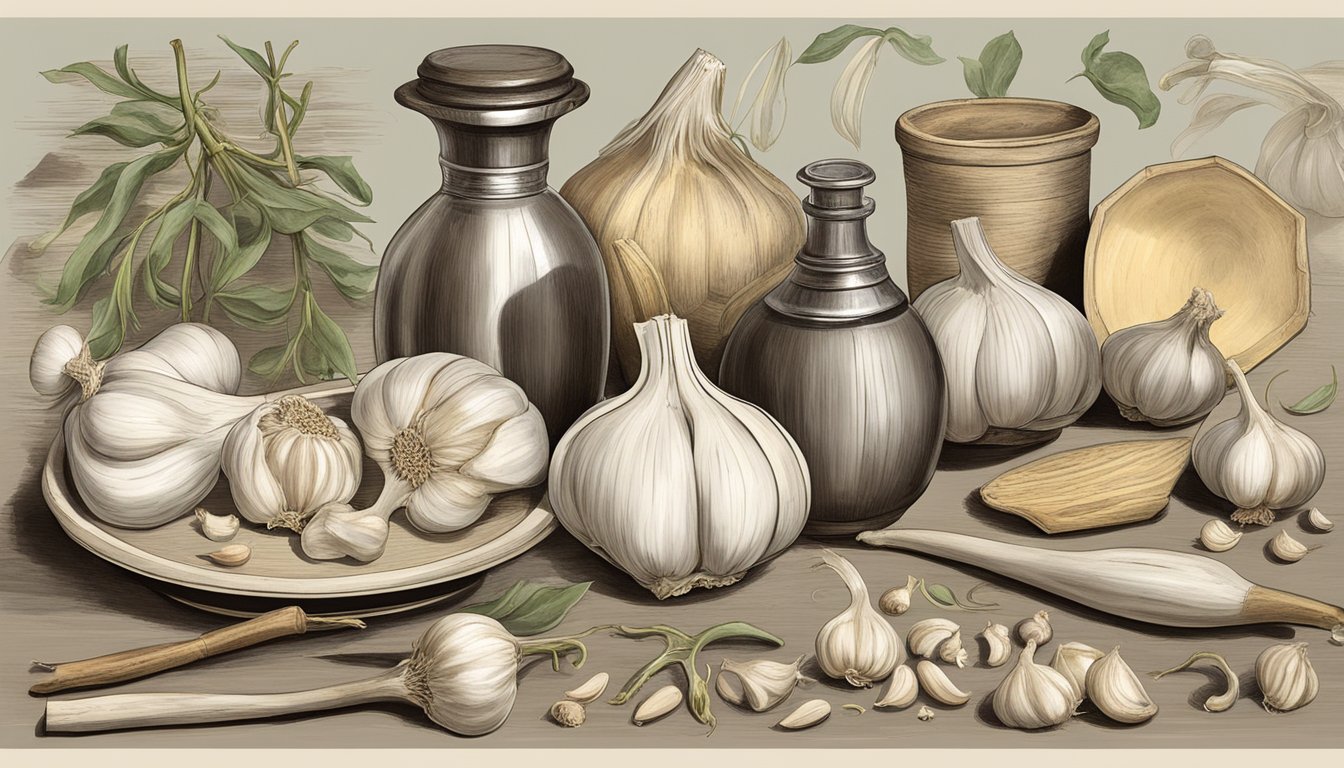 A table filled with various historical artifacts related to garlic, alongside scientific studies and a bowl of garlic cloves for medicinal use