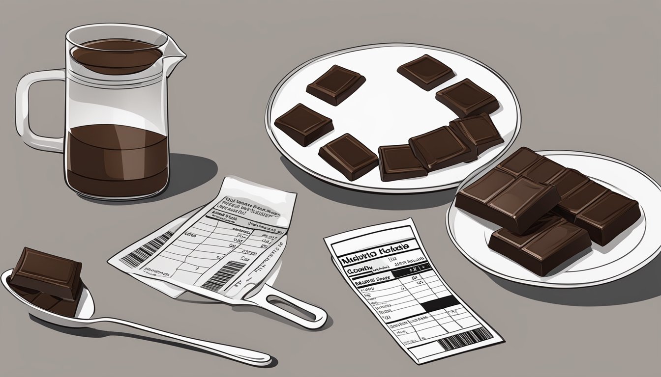 A table with a plate of dark chocolate squares, a measuring cup, and a nutrition label