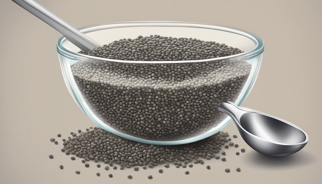 A small bowl of chia seeds with a measuring spoon next to it