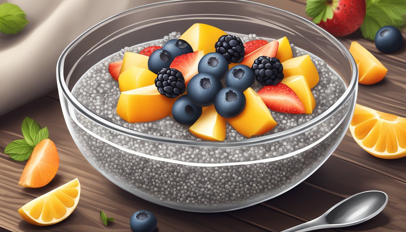 A bowl of chia seed pudding topped with fresh fruit and a sprinkle of chia seeds on a wooden table