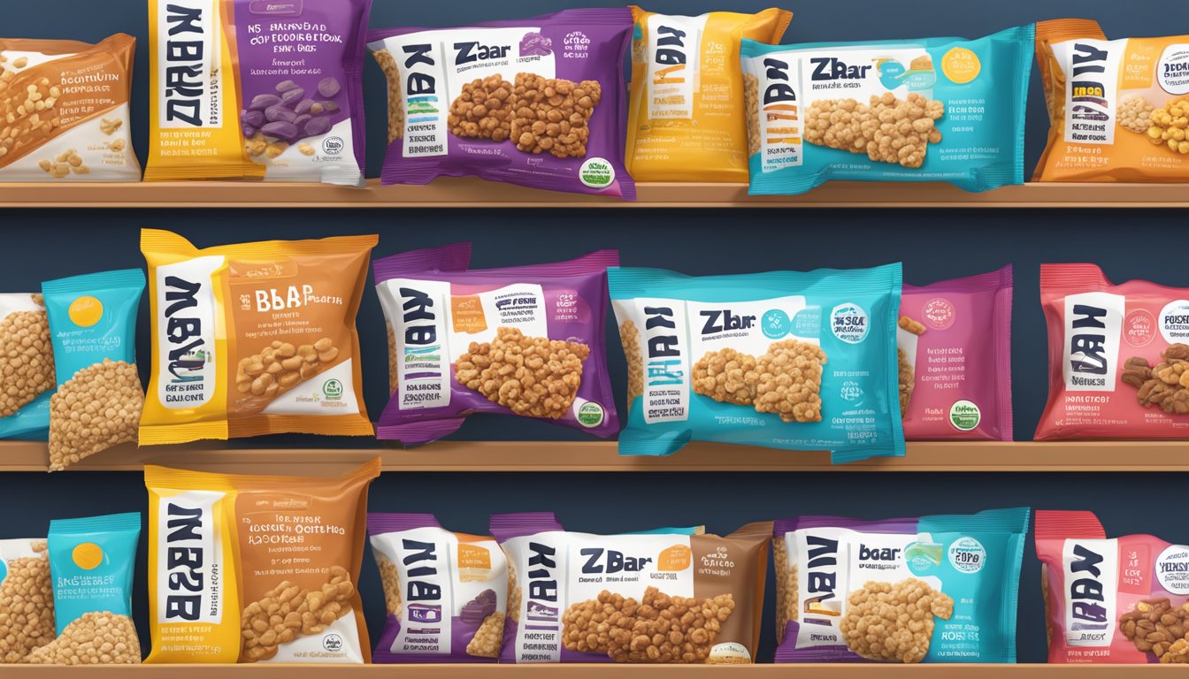 A colorful display of Zbar whole grain snack bars, stacked in neat rows on a shelf, with a nutrition label visible