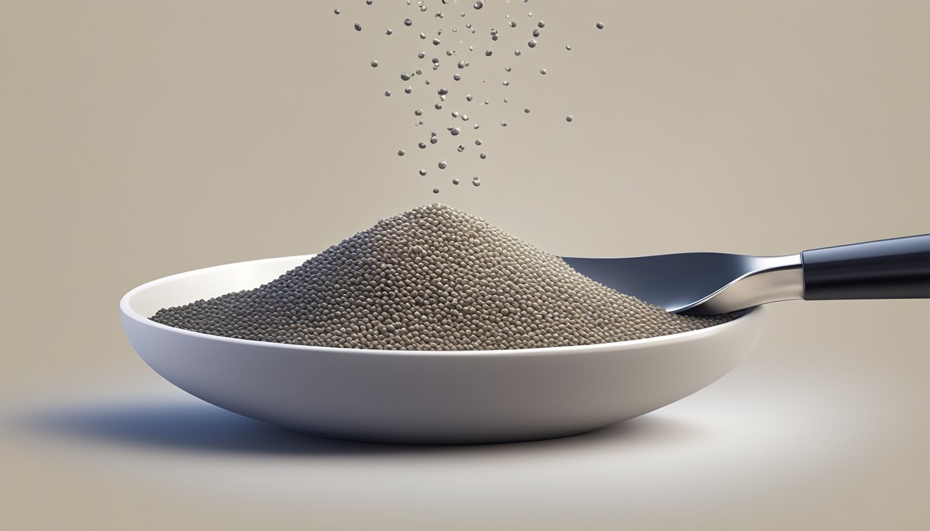 A small bowl of chia seeds being measured with a tablespoon