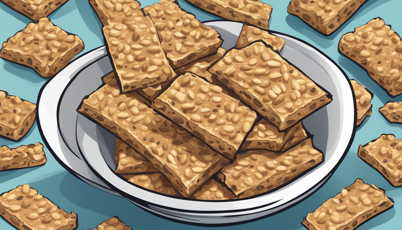 A pile of Zbar whole grain snack bars overflowing from a bowl, with a nutrition label and serving size information nearby