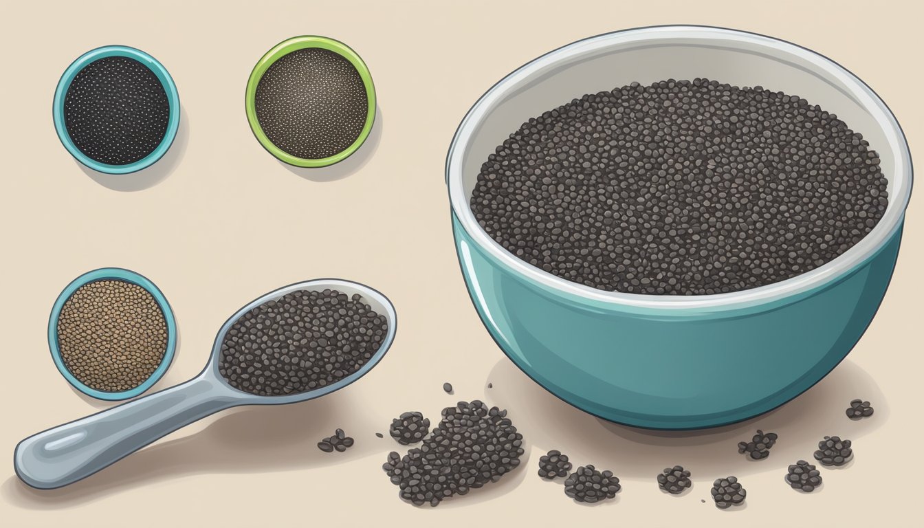 A small bowl of chia seeds next to a measuring spoon, with a tablespoon filled with seeds