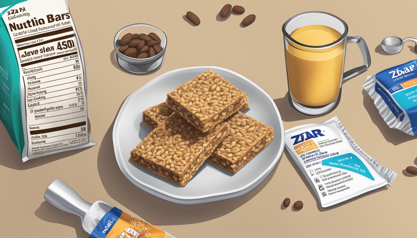 A table with an assortment of ZBar whole grain snack bars, a measuring cup, and a nutrition label