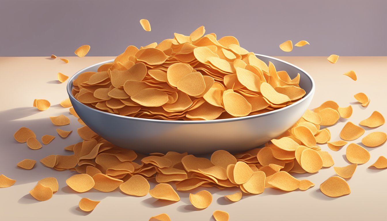 A pile of kibo lentil chips spilling out of a large bowl onto a table, with a few scattered chips on the floor