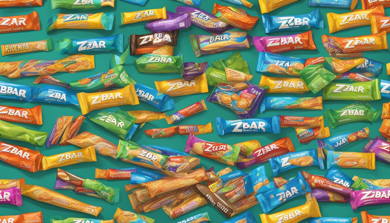 A table covered with empty Zbar snack bar wrappers, with a pile of uneaten bars in the center