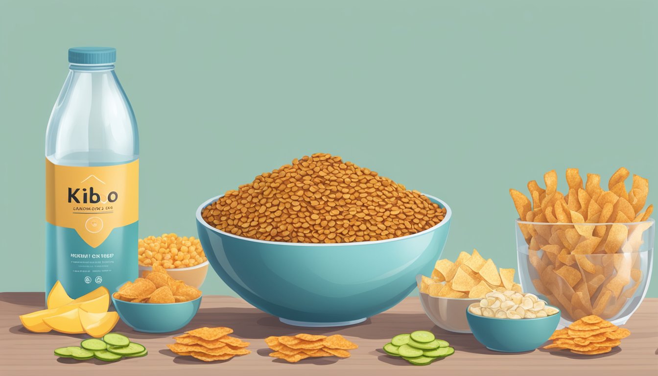 A bowl overflowing with Kibo Lentil Chips, surrounded by various healthy snacks and a glass of water