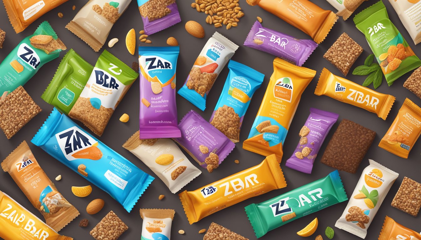 A colorful array of Zbar whole grain snack bars piled high, surrounded by a variety of natural and processed ingredients