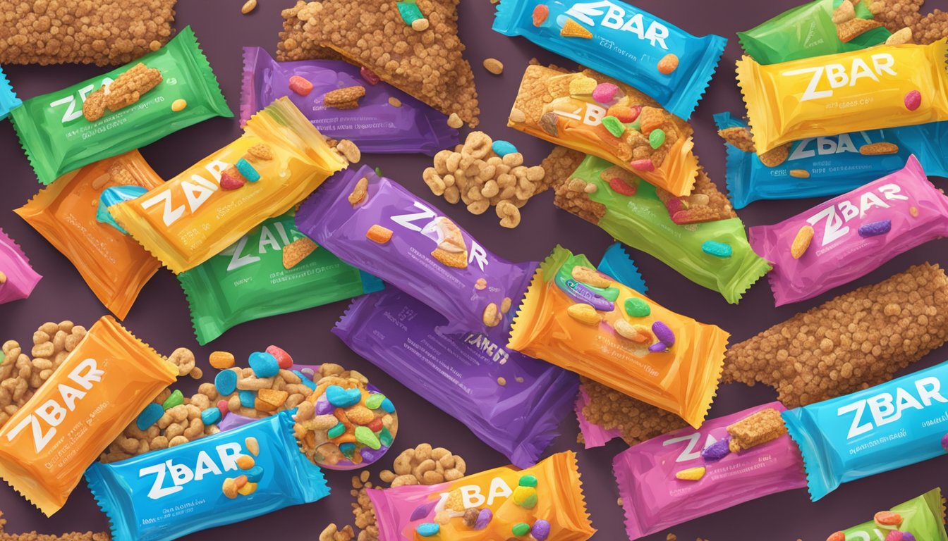 A colorful array of Zbar whole grain snack bars overflowing from a bowl onto a table