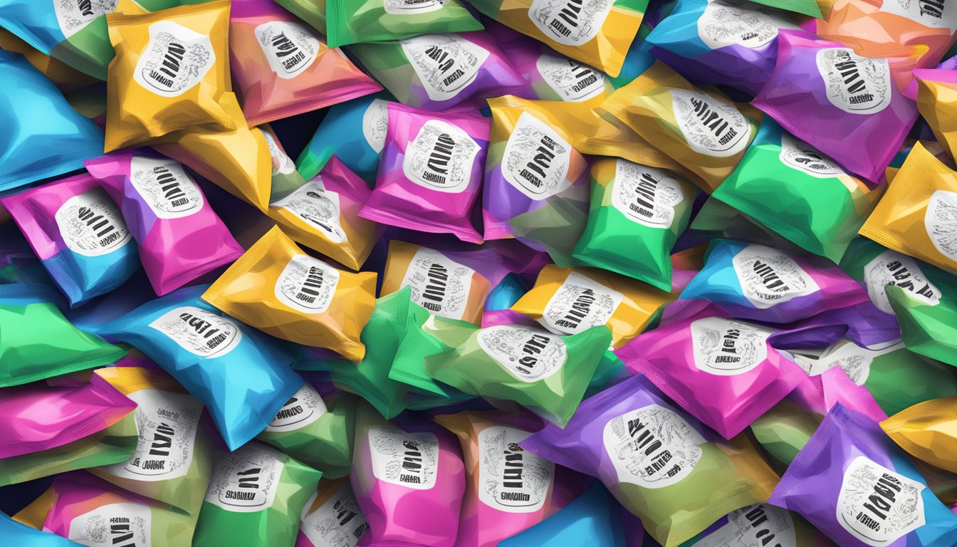 A pile of empty protein chip bags surrounded by a warning label with a crossed-out pile of chips, indicating excessive consumption