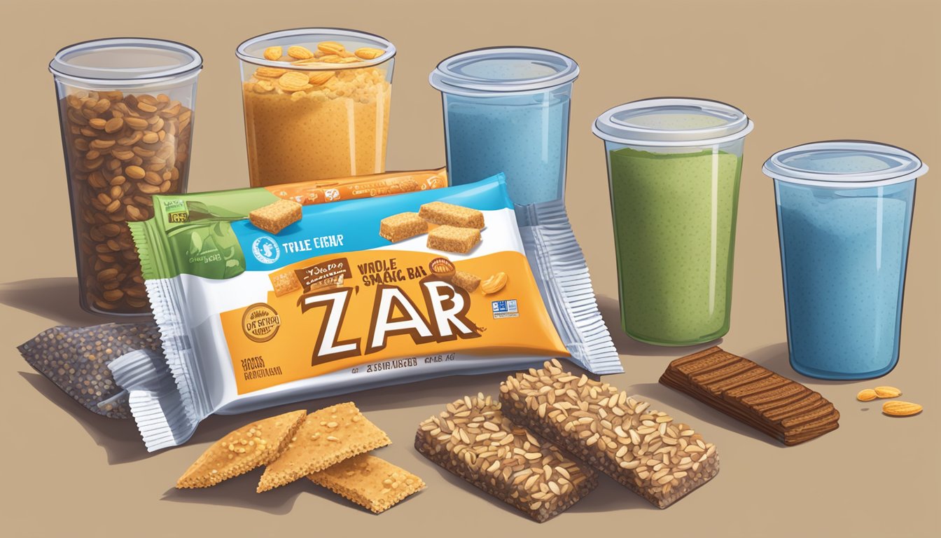 A table with various snack bars, a measuring cup, and a pile of zbar whole grain snack bars