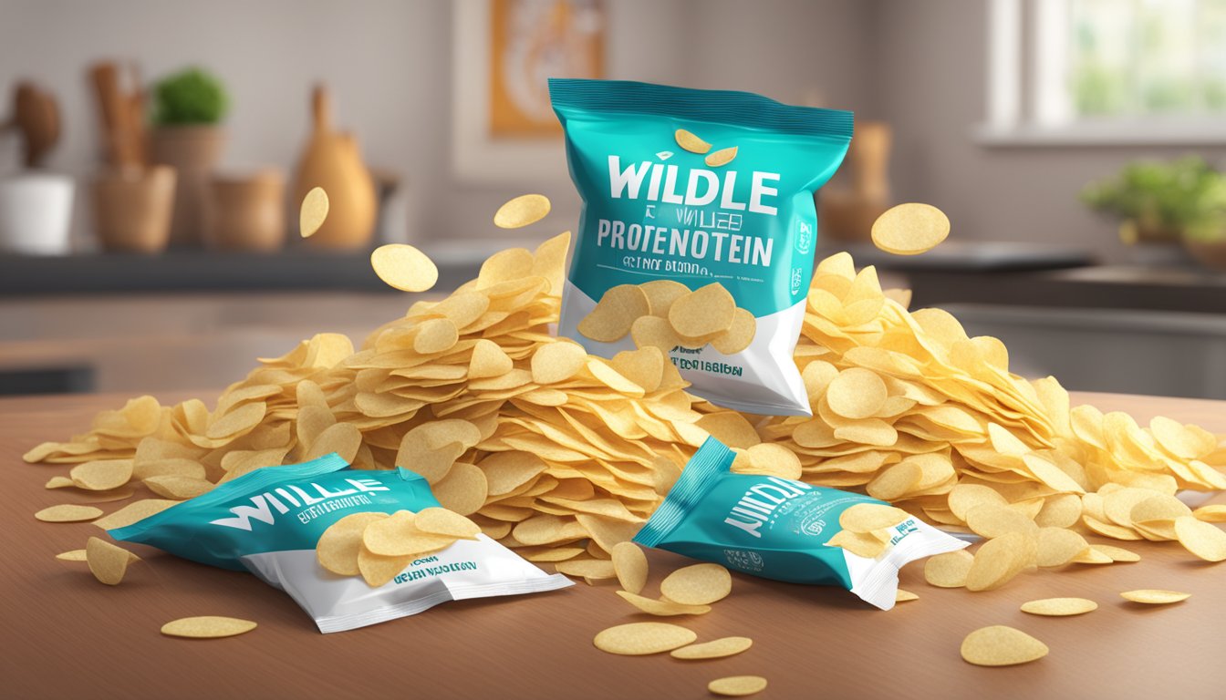 A pile of empty wilde protein chip bags scattered around a table, with a bowl overflowing with the chips in the center