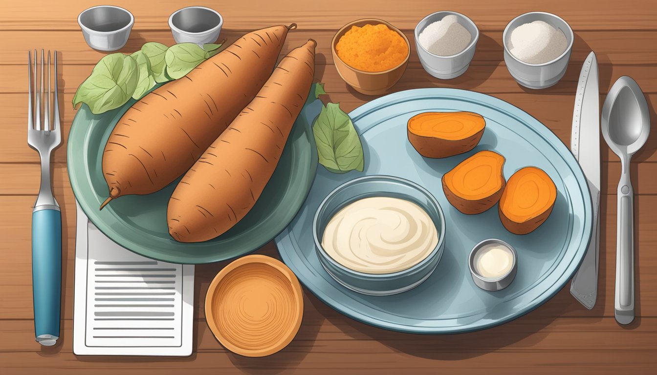 A plate with a serving of sweet potatoes, surrounded by various measuring tools and a nutrition label