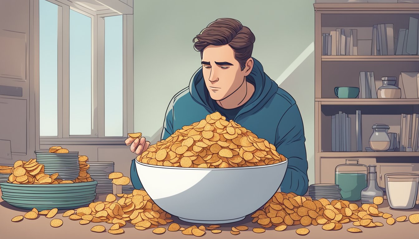 A pile of wilde protein chips overflowing from a bowl, with a concerned figure looking at the excessive amount