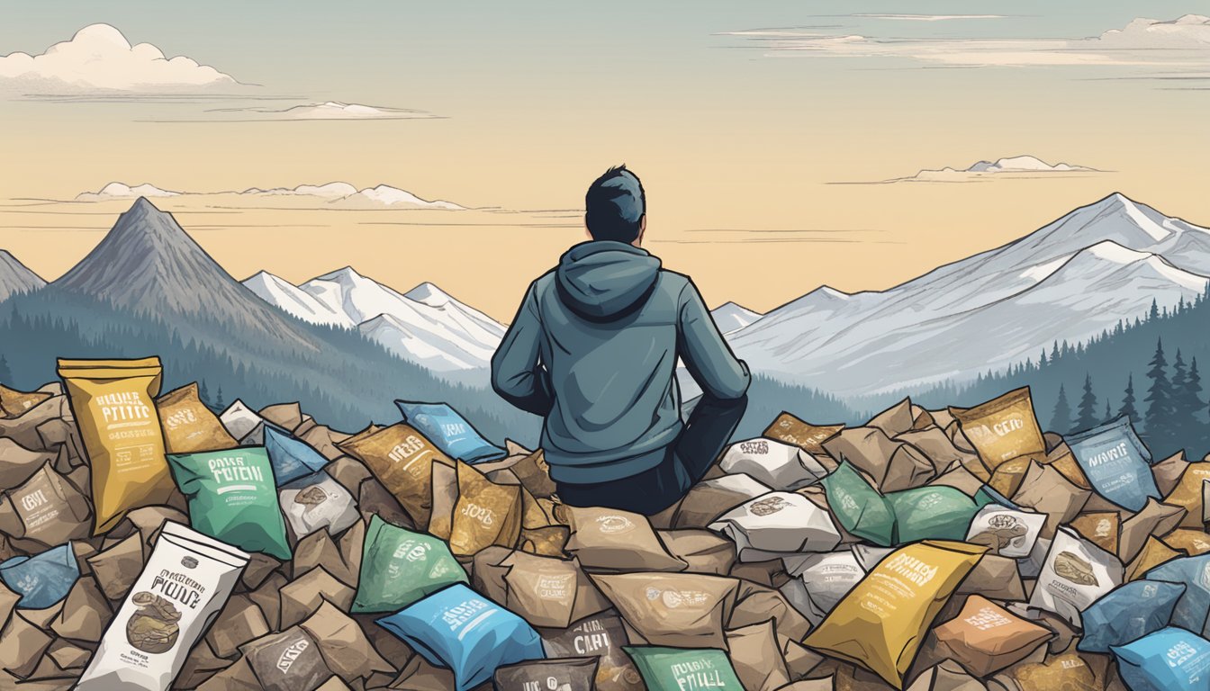 A person surrounded by empty bags of wilde protein chips, with a mountain of discarded packaging, and a distressed wildlife habitat in the background