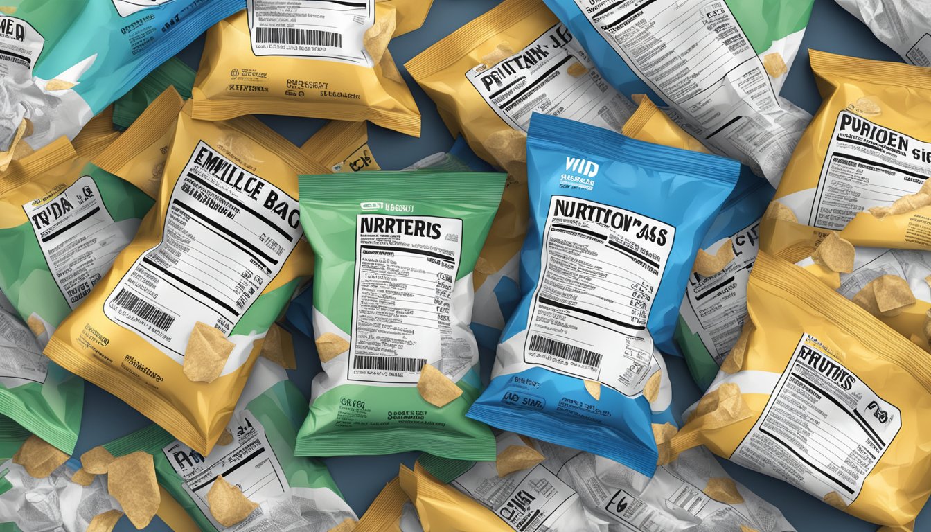 A pile of empty wilde protein chip bags, scattered around a crumpled nutrition label