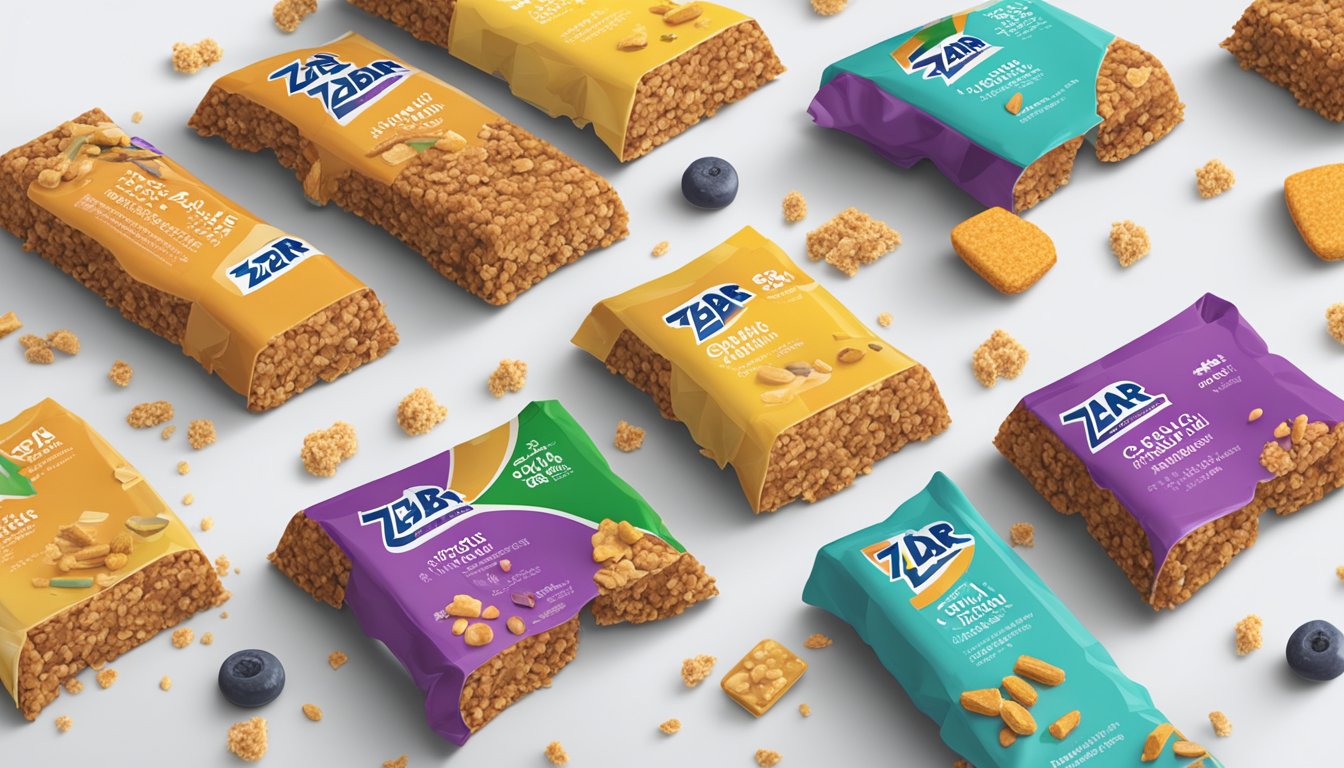 A colorful array of Zbar whole grain snack bars scattered on a table, with a few bars partially unwrapped and crumbs scattered around