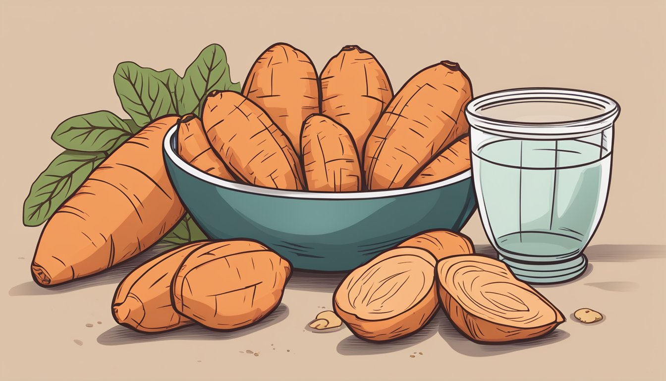 A pile of whole and sliced sweet potatoes, alongside measuring cups and a nutrition guide, with a portion of sweet potato highlighted as a healthy serving size