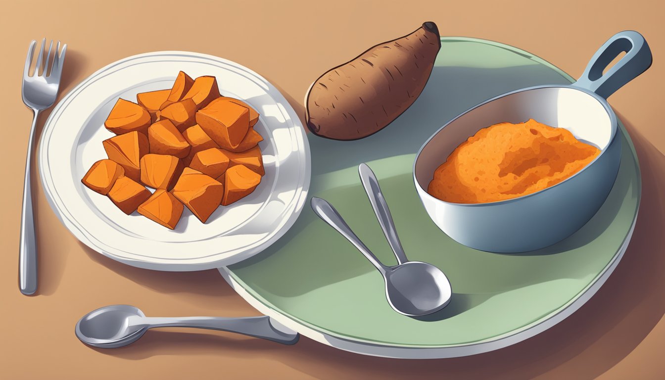 A plate with a portion of cooked sweet potato next to a measuring cup