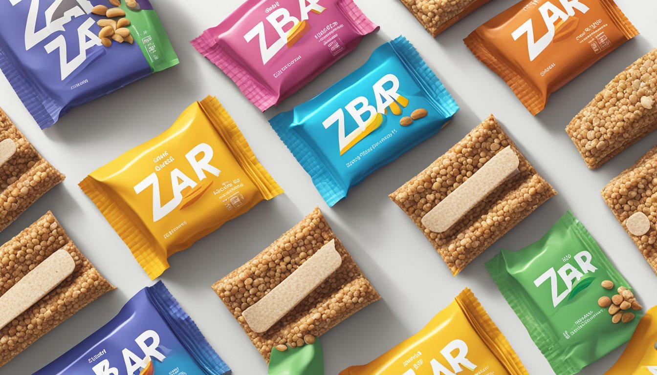 A colorful array of Zbar whole grain snack bars, stacked in a neat pyramid on a clean, white countertop