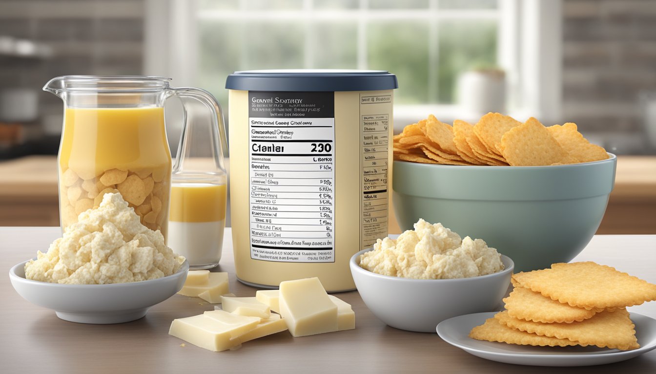 A table with various serving sizes of Sonoma Creamery cheese crisps, a measuring cup, and a nutrition label