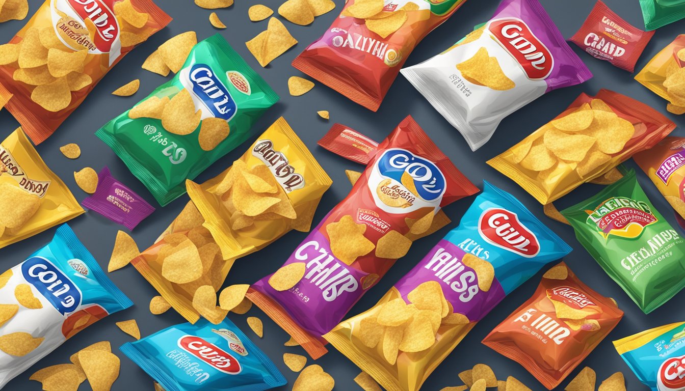 A table filled with various flavors of Good Crisp Company chips, with empty chip bags scattered around, indicating excessive consumption