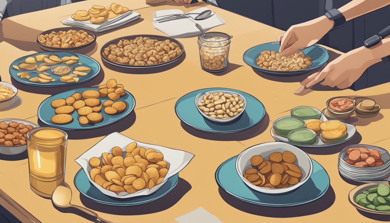 A table with an assortment of Good Crisp Company snacks, surrounded by empty plates and a concerned individual checking the serving size