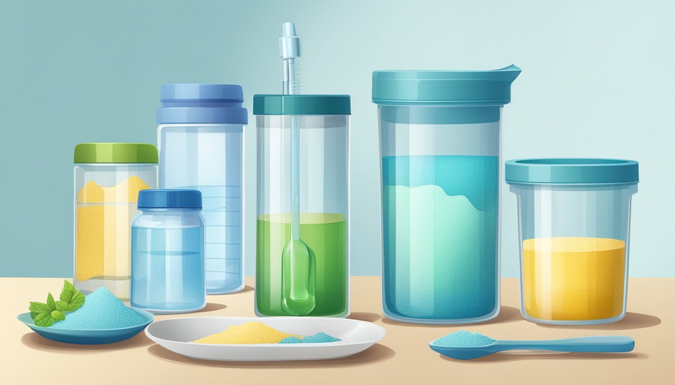 A table with multiple containers of enhanced electrolyte powder, a measuring scoop, and a glass of water