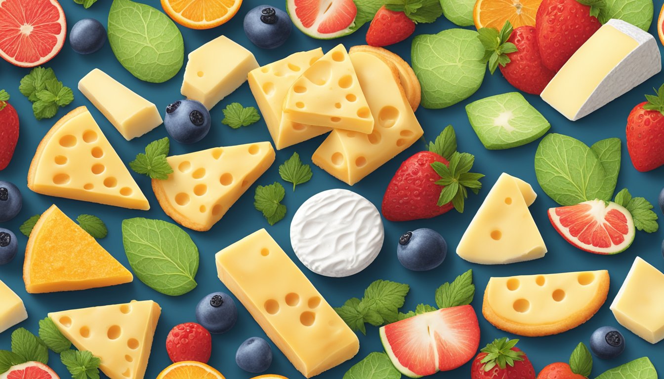 A colorful array of Sonoma Creamery Cheese Crisps arranged in a playful, inviting manner, surrounded by fresh herbs and slices of fruit