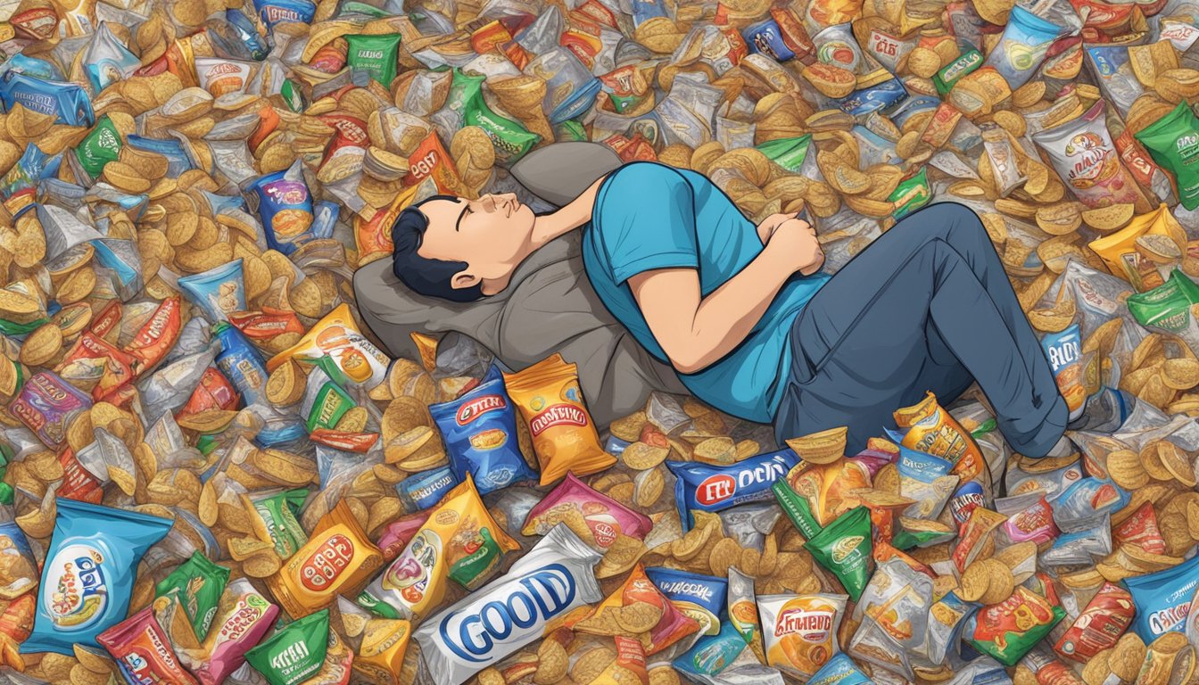 A mountain of empty chip bags surrounds a person, who looks overwhelmed by the sheer amount of snacks consumed from The Good Crisp Company