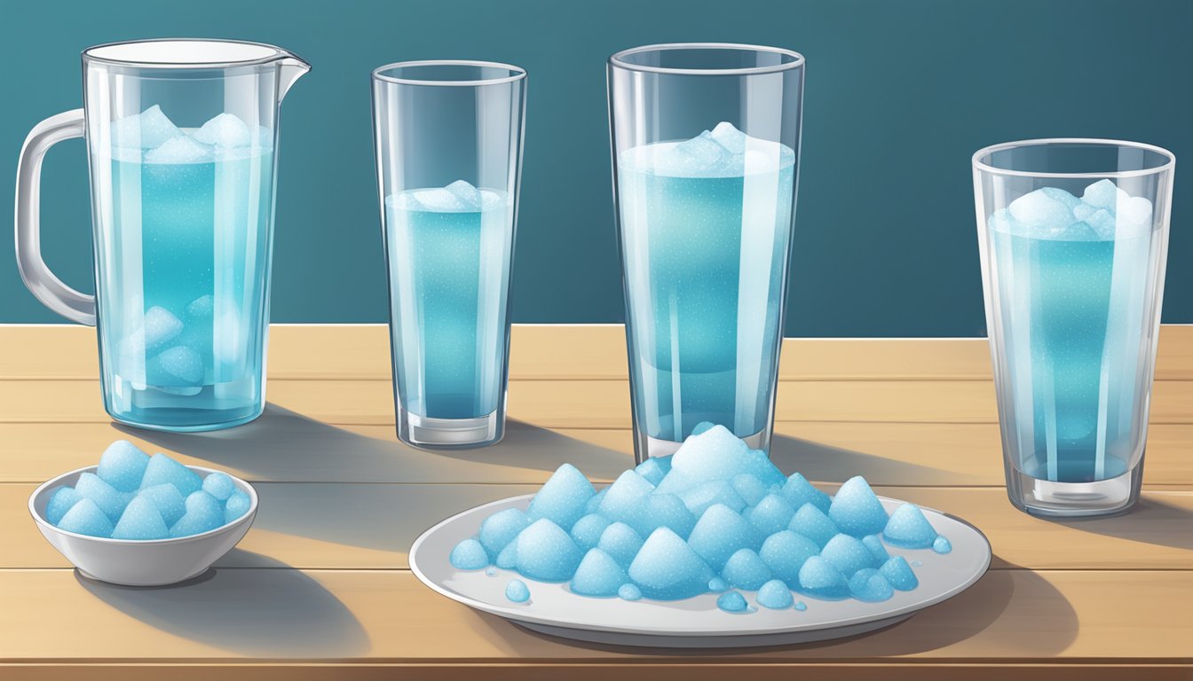 A table with multiple scoops of electrolyte powder next to various sized glasses of water, indicating different serving sizes