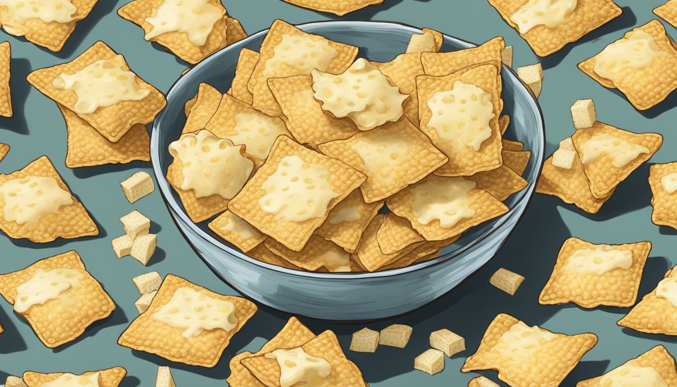 A small bowl overflowing with Sonoma Creamery cheese crisps, surrounded by empty wrappers