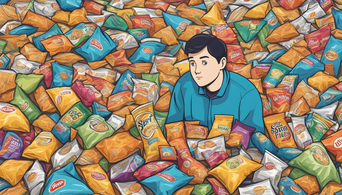 A person surrounded by multiple empty bags of Good Crisp Company snacks, looking overwhelmed