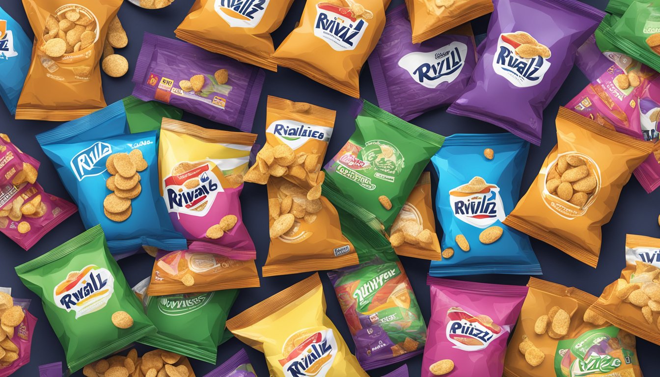 A table with multiple empty bags of Rivalz Stuffed Snacks piled up, surrounded by discarded wrappers and crumbs