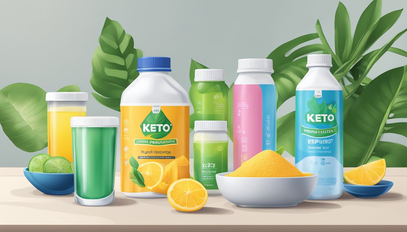 A table with multiple bottles of keppi keto electrolytes, some empty, some full, and a measuring cup next to them