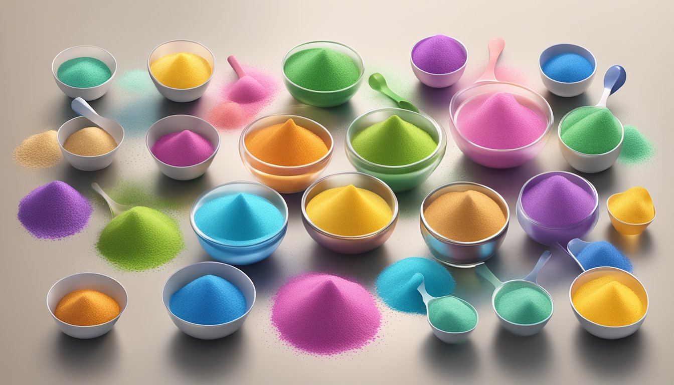 A variety of colorful electrolyte powder scoops scattered on a kitchen counter