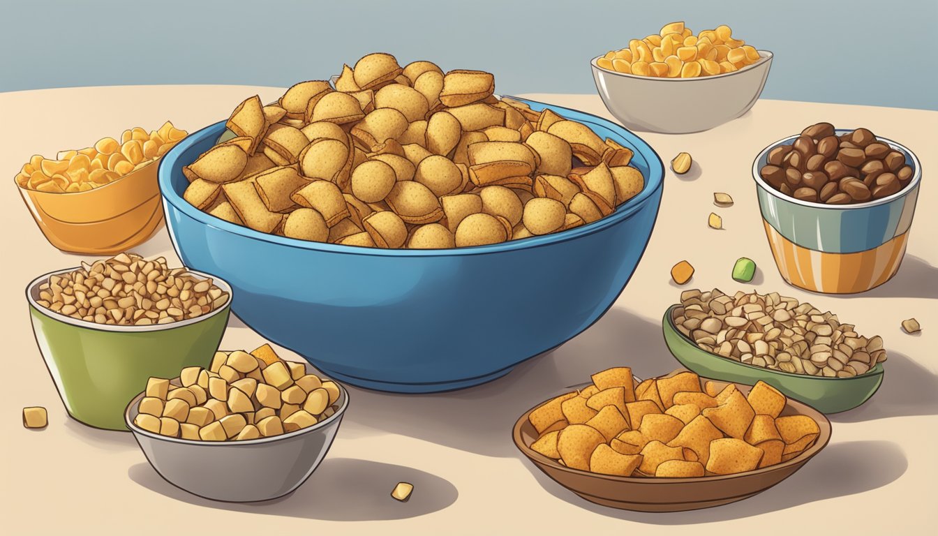 A pile of rivalz stuffed snacks overflowing from a large bowl, scattered on a table