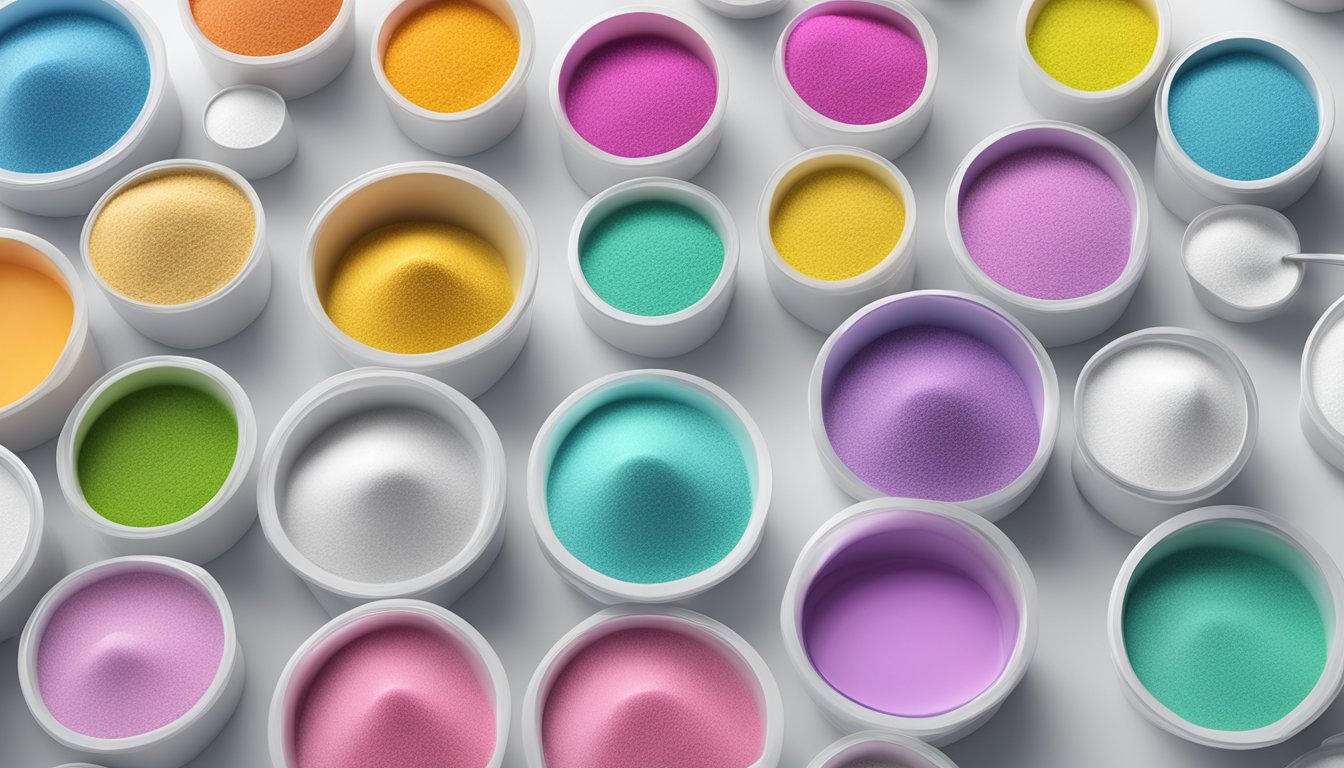 A colorful array of electrolyte powder servings, ranging from small to excessive, displayed on a clean, white surface