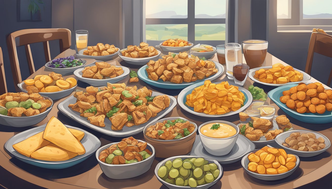 A table overflowing with plates of Rivalz stuffed snacks, surrounded by empty wrappers and satisfied diners