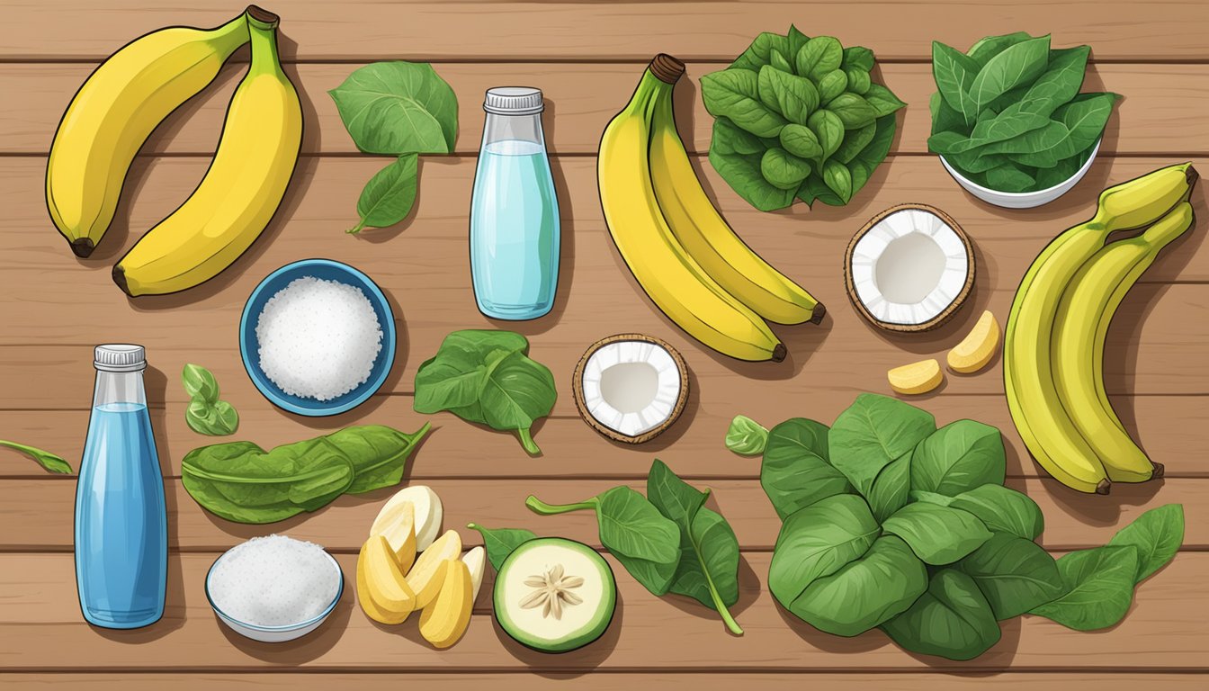 A variety of natural foods rich in electrolytes, such as bananas, spinach, and coconut water, displayed on a wooden table