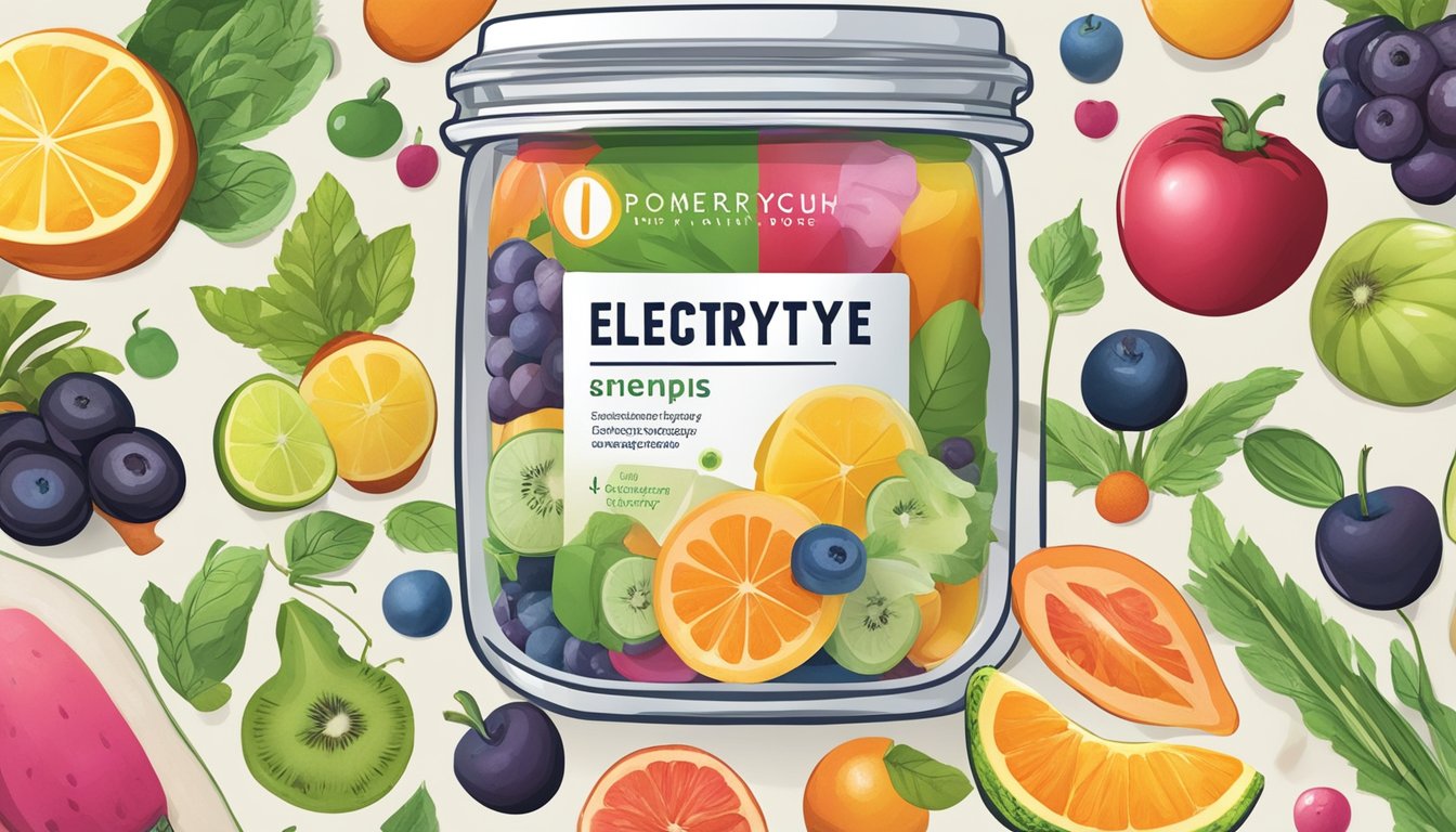 A variety of colorful fruits and vegetables arranged around a container of Designs for Health Electrolyte Synergy powder, with a measuring spoon nearby